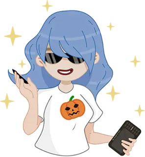 😎 b69b6000 Cartoon, Frau, Kürbis, Sonnenbrille, Blaue Haare, Sticker telegram sticker