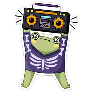 🎧 5ba618f6 kikker, boombox, skelet, Halloween, cartoon, sticker, dier, muziek telegram sticker