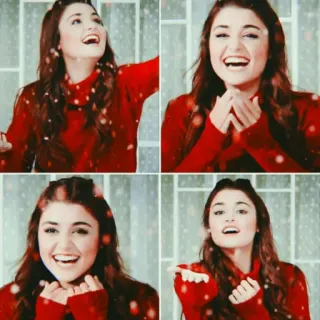 😃 52dfa98f phụ nữ, mỉm cười, hạnh phúc, áo len đỏ, mùa đông, tuyết telegram sticker