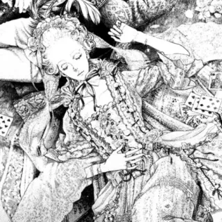 😴 9fb3230f женщина, спящая, платье, орнамент, карты, черно-белое, лежа whatsapp sticker