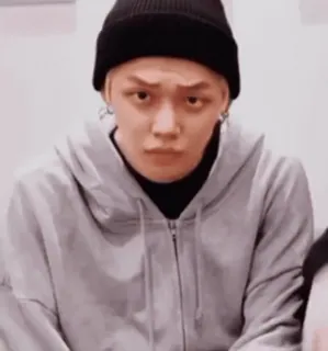 🤨 162cb552 osoba, mężczyzna, wyraz twarzy, czapka zimowa, bluza z kapturem, kpop telegram sticker