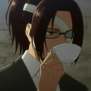 🦦 6e2e0ed5 Hange Zoë Attack on Titan Anime, occhiali, capelli castani, personaggio, bevanda telegram sticker