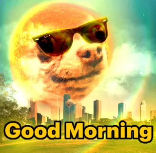 🌞 fb1c020a Good Morning Chào buổi sáng, Mặt trời, Kính râm, Thành phố, Lời chào telegram sticker