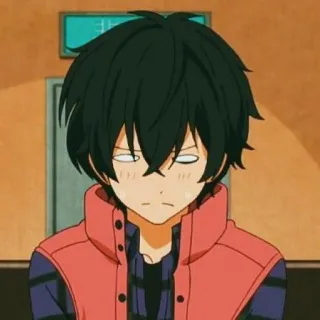 🏷 f6eae53f Anime, Dibujos animados, Hombre, Pelo negro, Morro, Sudor, Chaleco telegram sticker