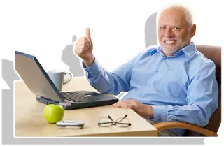 👍 67a0a767 ハロルド, 苦痛を隠すハロルド, ミーム, いいね, ストックフォト, 老人, ラップトップ telegram sticker