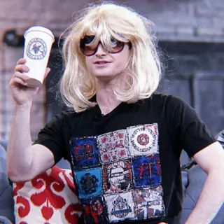 🌱 973d7279 Daniel Radcliffe COFFEE Daniel Radcliffe, Coffee, blonde wig, Sunglasses, Man, Celebrity whatsapp sticker
