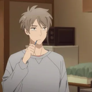 💵 2025e612 アニメ, 男性, 室内, 歯磨き, 灰色のセーター telegram sticker