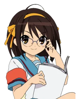 🤓 b42eeb46 Haruhi Suzumiya The Melancholy of Haruhi Suzumiya Anime, Chica, Uniforme escolar, Libro, Gafas telegram sticker