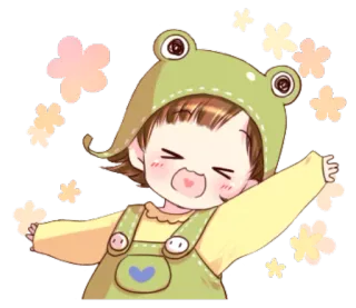😆 e4247e75 cute, cartoon, girl, frog, stars, happy whatsapp sticker