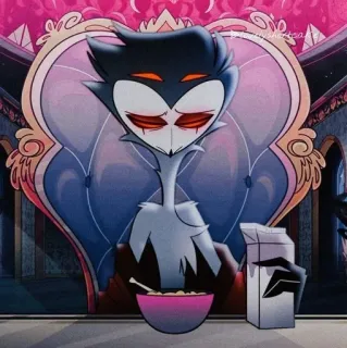 💔 1ab4f7e7 Stolas Helluva Boss cartoon, owl, breakfast, cereals, animated, helluvaboss, demon, eating whatsapp sticker