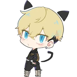 😕 8064eeee Anime stijl, Kattenoortjes, Chibi, Blond haar, Blauwe ogen, Oorbel, Zwart uniform telegram sticker
