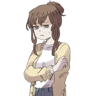 😑 8098ac4c 애니메이션, 여자, 갈색 머리, 팔짱, 표정, 불만, 귀여운, 스티커 telegram sticker