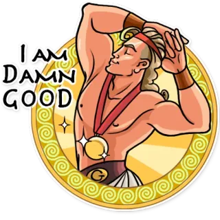 😎 d5cc26b2 I AM DAMN GOOD мультфильм, наклейка, мужчина, мускулы, медаль, золото, Г, хорошо telegram sticker