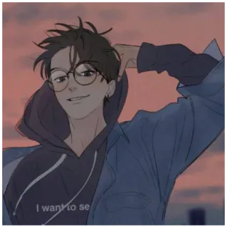 🥰 75128eb0 I want to se Anime, Kreskówka, Mężczyzna, Okulary, Sweter, Postać, Rysunek telegram sticker