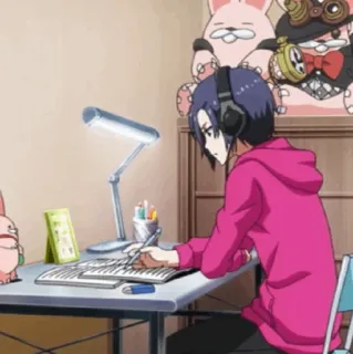 🪁 4fce8290 Anime, Pelajar, Belajar, Menulis, Headphone, Meja, Dalam ruangan whatsapp sticker