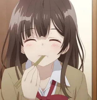 🥢 28f85579 动漫女孩, 吃, 开心, 黑发, 筷子 whatsapp sticker