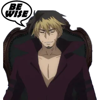 ๐ด 3e6f01b3 BE WISE anime, man, sitting, chair, wise, thought whatsapp sticker