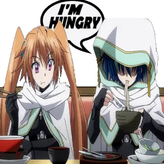 ๐ e32a9ff8 I'M HUNGRY anime, eating, hungry, food, noodles, chopsticks whatsapp sticker