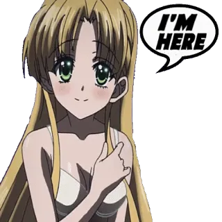 ๐ f5649a44 I'M HERE anime, girl, speech bubble, blonde hair, green eyes whatsapp sticker