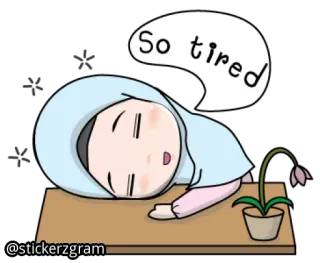 😞 633e6b28 So tired lelah, tidur, hijab, kartun, bunga whatsapp sticker