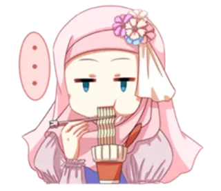 🍜 bc4b67f4 Hiyab, Musulmán, Anime, Chibi, Comiendo, Fideos telegram sticker