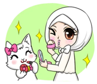 💄 be317005 dibujos animados, chica, hiyab, maquillaje, gato telegram sticker
