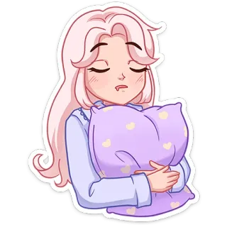 😴 340cb9fd buồn ngủ, cô gái anime, gối, dễ thương, tóc hồng telegram sticker