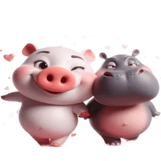 ☺️ 6a966589 Schwein, Nilpferd, Tiere, süß, Cartoon, Freundschaft, Liebe, Herz telegram sticker