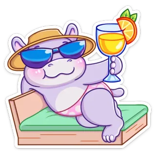 😎 7727d0fc hippopotame, dessin animé, mignon, animal, plage, détente, été, soleil telegram sticker
