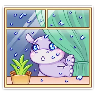 💦 b7d22f66 hippopotame, animal, mignon, dessin animé, kawaii, pluie, fenêtre, plante telegram sticker