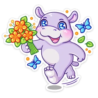 💐 ddf90b2c hippopotame, mignon, fleurs, dessin animé, animal, autocollant, papillon telegram sticker