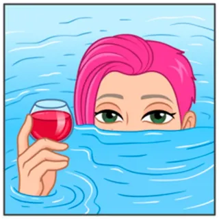 🍷 183a9f0b vrouw, zwembad, wijn, roze haar, ontspanning, cartoon, water, drankje telegram sticker