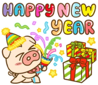 🎉 7f3fb261 HAPPY NEW YEAR chúc mừng năm mới, heo, quà tặng, tiệc, lễ kỷ niệm, hoa giấy telegram sticker