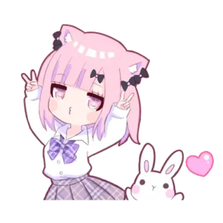 ✌️ 23b816d8 애니메이션 소녀, 고양이 귀, 귀여운, 카와이, 토끼, 하트, 평화 기호, 치비 telegram sticker