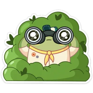 👀 952c485d กบ, พุ่มไม้, กล้องส่องทางไกล, ลูกเสือ, ซ่อน, น่ารัก, สีเขียว telegram sticker