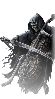 🤠 47e040d1 parca, muerte, esqueleto, chelo, música, oscuro telegram sticker