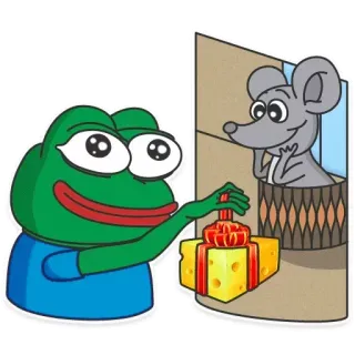 😌 0a1a1159 Pepe the Frog pepe, rana, ratón, queso, regalo, dibujos animados, meme telegram sticker