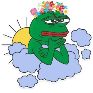 🤥 a3d32963 Pepe the Frog rana, pepe, meme, rana triste, meme de internet, corona de flores, nubes telegram sticker