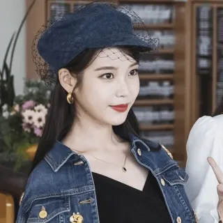 🌙 3581198e IU korean actress, singer, celebrity, k-pop, fashion, woman, denim jacket, hat telegram sticker