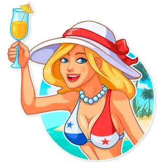🥂 78b00b5b женщина, пляж, бикини, солнце, отпуск, коктейль, Панама telegram sticker