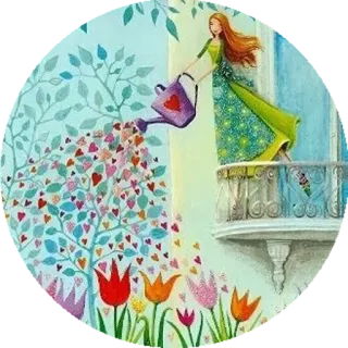 🍃 e26eb444 wanita, balkon, menyiram, hati, pohon, bunga, cinta, seni whatsapp sticker