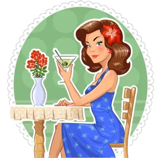 🍸 95a7d1aa Frau, Cocktail, Kleid, Tisch, Blumen, Retro, Vintage telegram sticker
