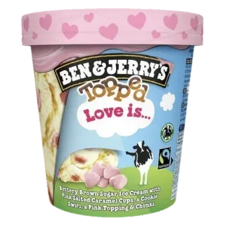 🤩 3931f973 BEN & JERRY'S TOPPE Love is... Bittery Brown Sugar Ice Cream with Pink Salted Caramel Cups, a Cookie Swirl Pink Topping & Chunks Eis, Ben & Jerry's, Dessert, Essen, Liebe, Süßigkeit telegram sticker