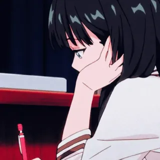 🥡 0ad99f11 Anime, Meisje, Studeren, Schrijven, Peinzend, Zwart haar whatsapp sticker