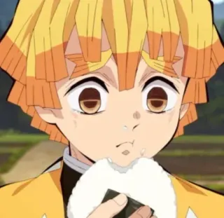 ⚡️ f5c8e1ef Zenitsu Agatsuma Demon Slayer アニメ, 漫画, 善逸, 鬼滅の刃, 食べる, おにぎり, 怖い, 感情的 telegram sticker