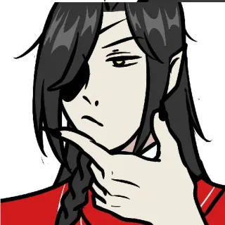 🤔 644a4ab8 postać, anime, mężczyzna, myślący, czerwony, czarne włosy telegram sticker