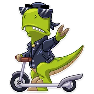 😎 56a42590 dinosaur, t-rex, scooter, cartoon, animal, rock on gesture, sunglasses, cool telegram sticker