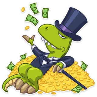 🤑 91f3a2cf dinosaur, money, wealth, rich, cartoon, top hat, gold telegram sticker