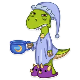 😴 cdbc5c02 dinosaur, cartoon, sleepy, morning, pajamas, nightcap, mug, tired telegram sticker