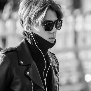 😎 6d94c9eb Человек, Солнцезащитные очки, Кожаная куртка, Черно-белое, Наушники, Портрет telegram sticker